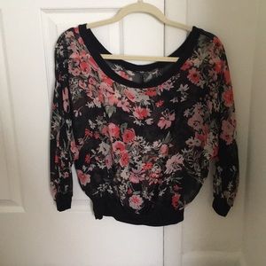 Black sheer 3/4 sleeve floral print top